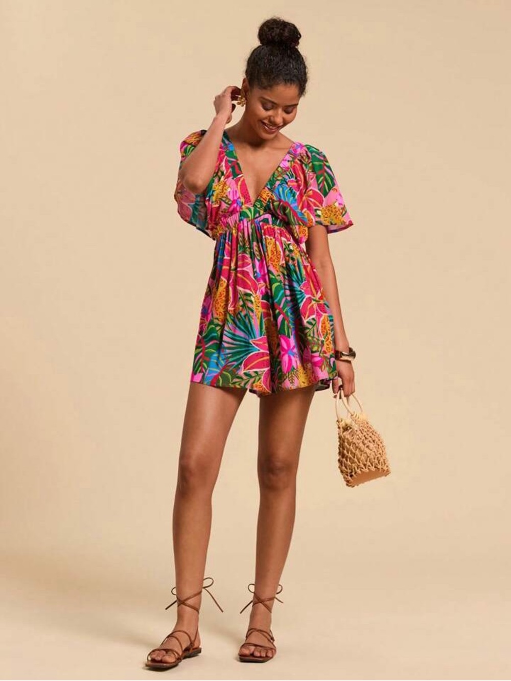 Travachic Tropical Print Batwing Sleeve Romper